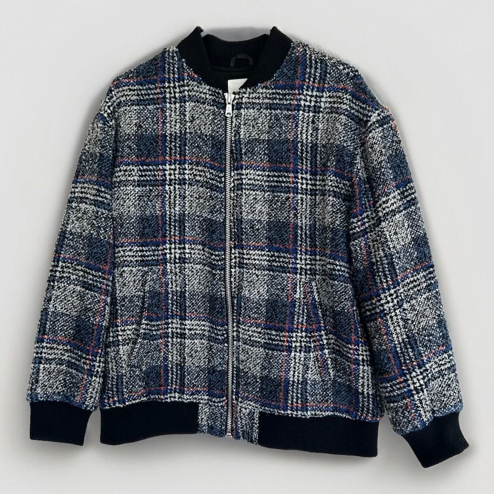 Avec les Filles Plaid Tweed Bomber Jacket M‎ Wool Grandpa Grunge Academia